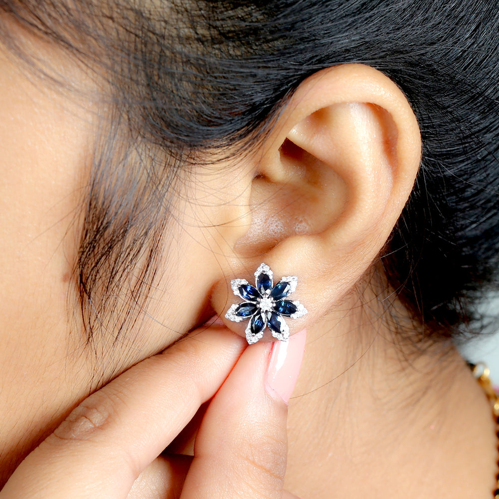 Marquise Sapphire Diamond Daisy Stud Earrings In 18k White Gold For Her