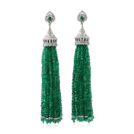 Natural Emerald Beads Tassel Dangle Earrings 18K White Gold Diamond Jewelry