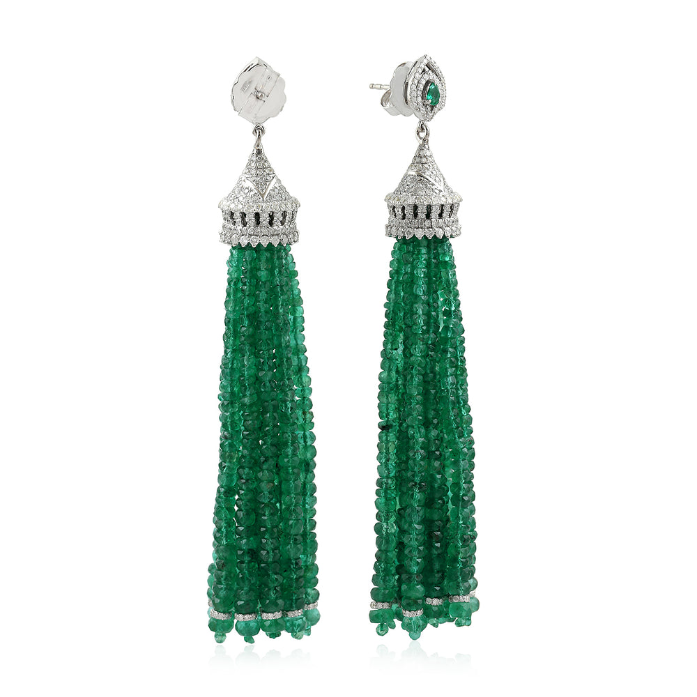 Natural Emerald Beads Tassel Dangle Earrings 18K White Gold Diamond Jewelry