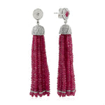 Natural Ruby Beads Tassel Dangle Earrings 18K White Gold Diamond Jewelry