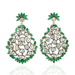 Natural Uncut Rosecut Diamond Emerald Dangle Earrings 18K Yellow Gold 925 Silver Jewelry