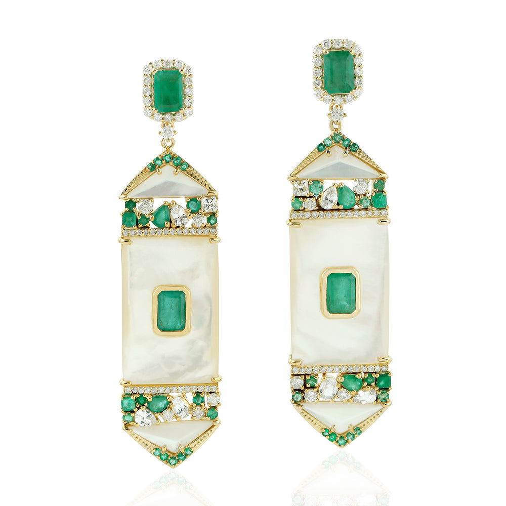 Natural MOP Emerald Gemstone Beautiful Danglers In 18k Yellow Gold