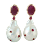 Natural Pearl Drop/Dangle Earrings 18K Rose Gold Ruby Jewelry