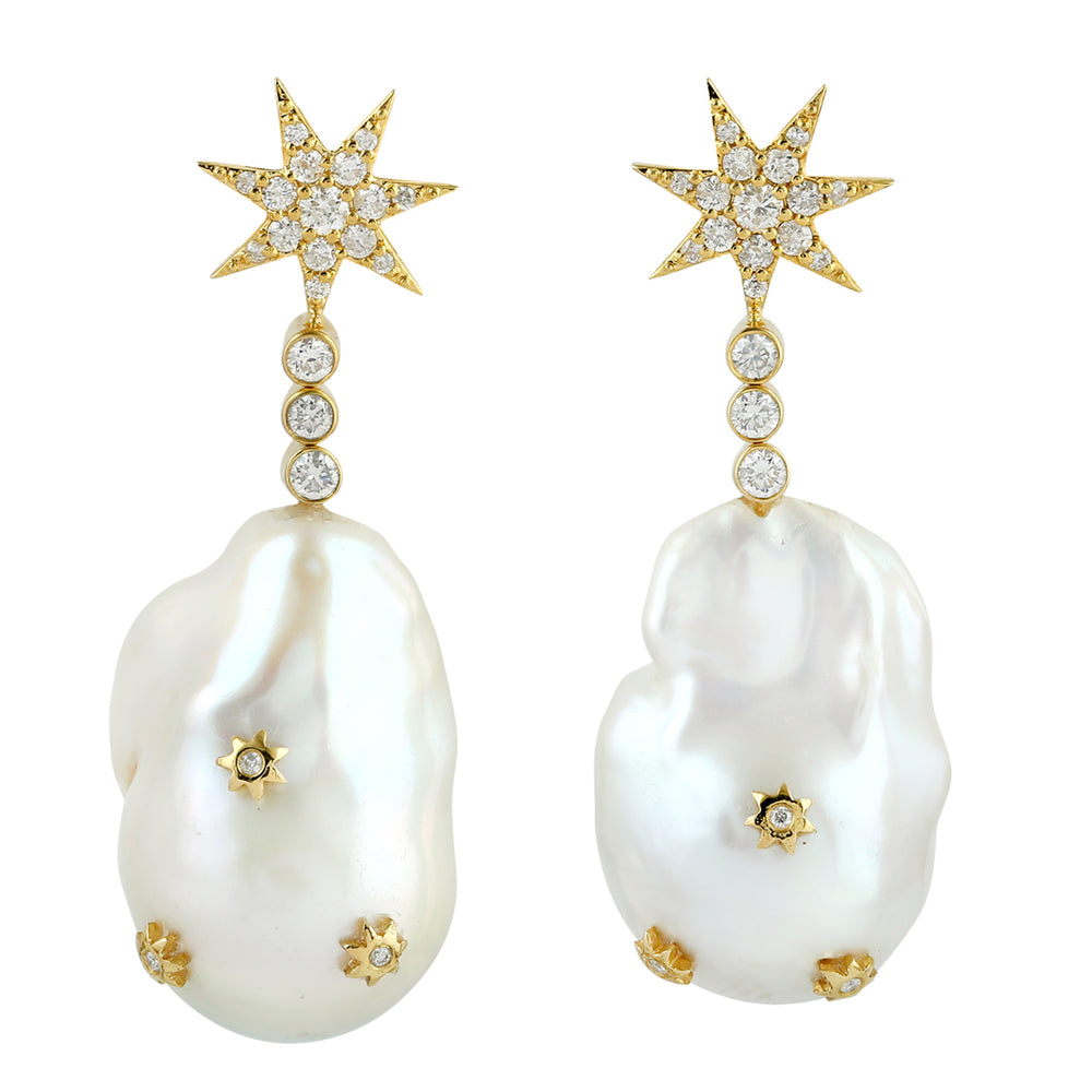 Natural Pearl Dangle Earrings 18K Yellow Gold Diamond Jewelry