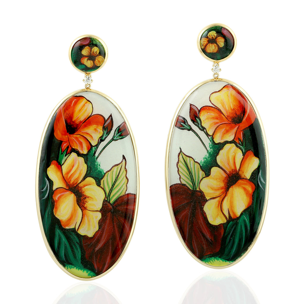 Natural Diamond Handpainted Flower Dangle Earrings 18k Yellow Gold Jewelry