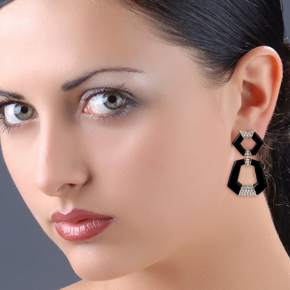 Pave Diamond Onyx Designer Dangler In Solid 18k Gold