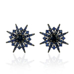 Natural Blue Black Sapphire Star Burst 18k Gold Stud Earrings