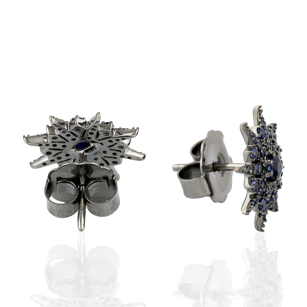 Natural Blue Black Sapphire Star Burst 18k Gold Stud Earrings