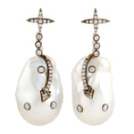 18k Gold Natural Pearl Chinese Studded Diamond Designer Drop Earrings Jewelry For Her