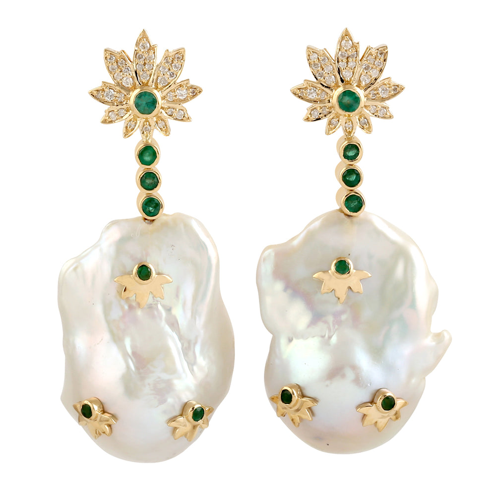 18k Yellow Gold Dangle Earrings Emerald Gemstone Women Jewelry