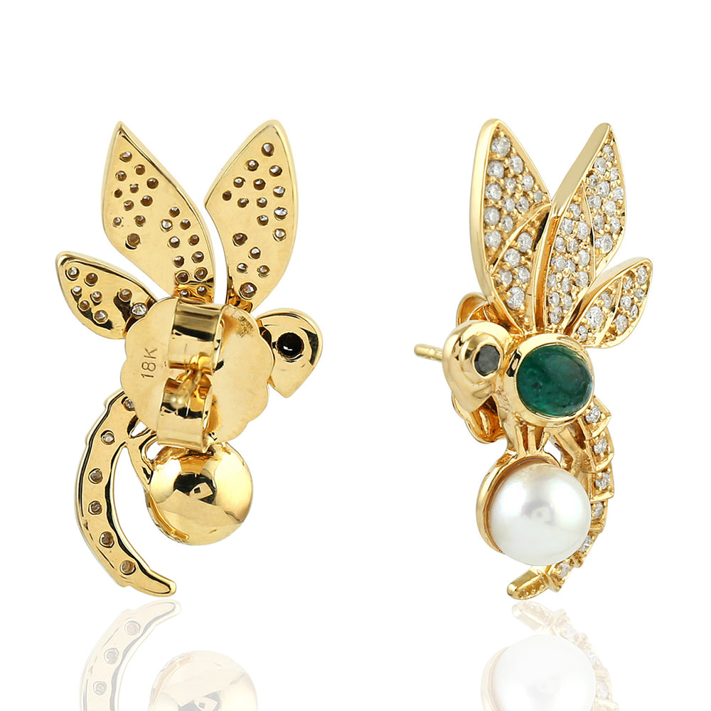 Bezel Set Emerald Pave Diamond Dragonfly Stud Earrings 18k Yellow Gold Gemstone Jewelry