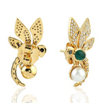 Bezel Set Emerald Pave Diamond Dragonfly Stud Earrings 18k Yellow Gold Gemstone Jewelry