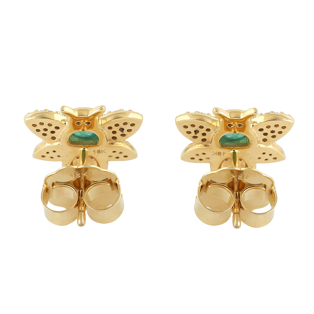 Pave Diamond Emerald Honey Bee Stud Earrings 18k Yellow Gold Enamel Gift