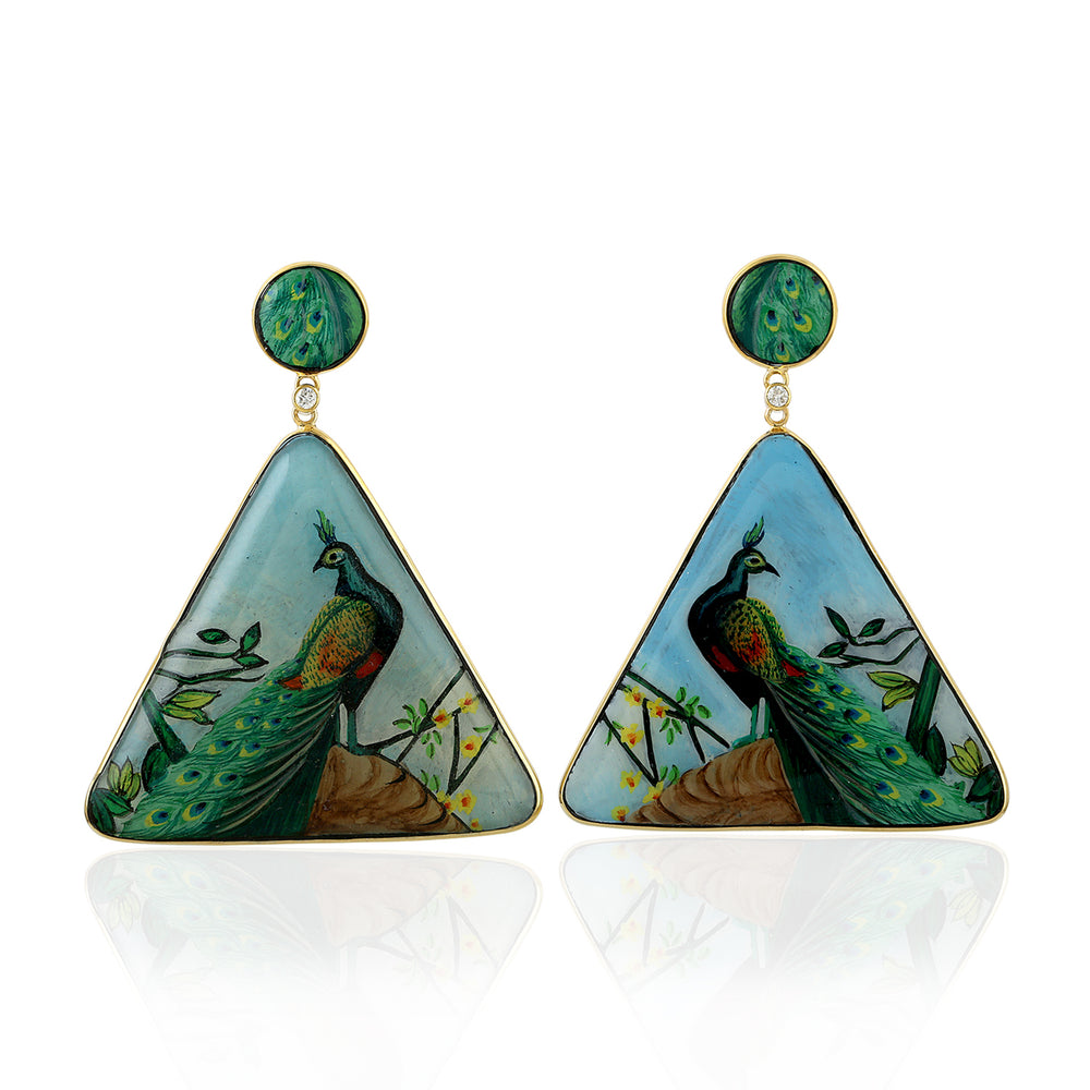 18k Gold Bakelite Hand Painted Diamond Earrings