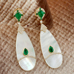 18K Yellow Gold Emerald & Mother Of Pearl Drop Dangle Earrings Diamond Jewelry