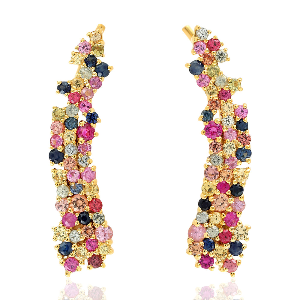 Multicolor Pave Sapphire Cluster Ear Climber Earrings in 18k Yellow Gold