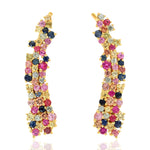 Multicolor Pave Sapphire Cluster Ear Climber Earrings in 18k Yellow Gold