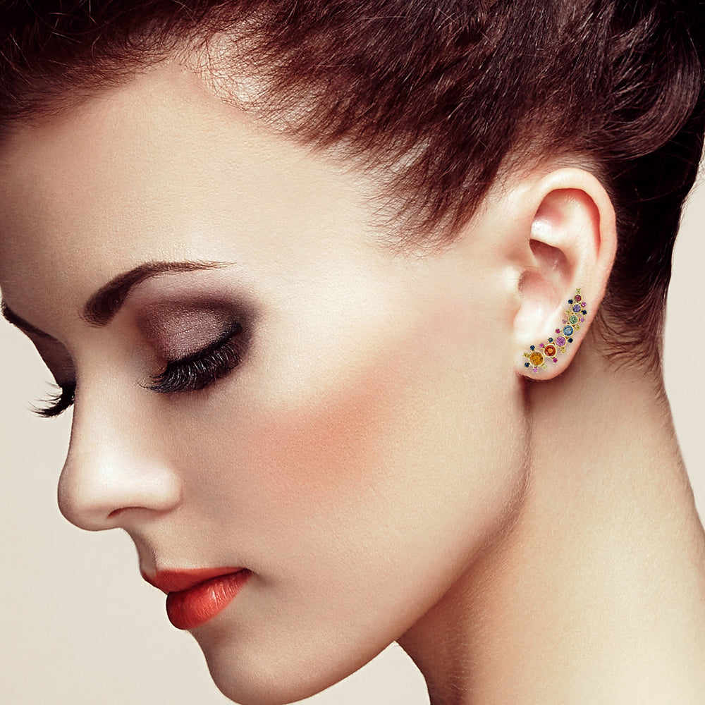 Multicolor Sapphire Designer Ear Climber Earrings in 18k Yellow Gold