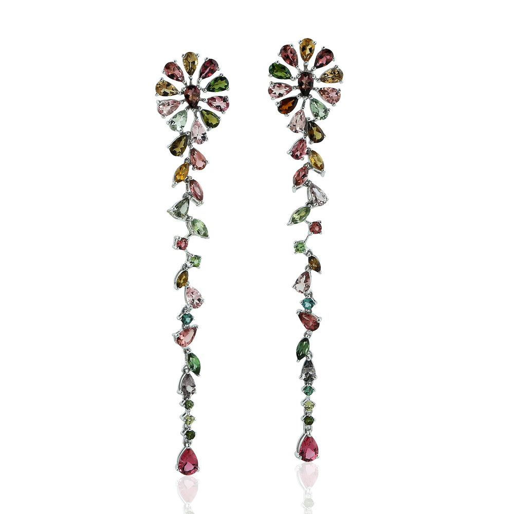 Natural Multicolor Tourmaline Dangle Earrings 18K White Gold Jewelry Gift