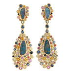 Opal Doublet Sapphire Designer  Yellow Gold Danglers Wedding Jewelry