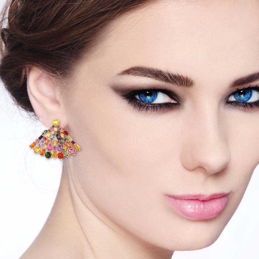 Multicolor Sapphire Designer Stud Earrings In 18k Yellow Gold