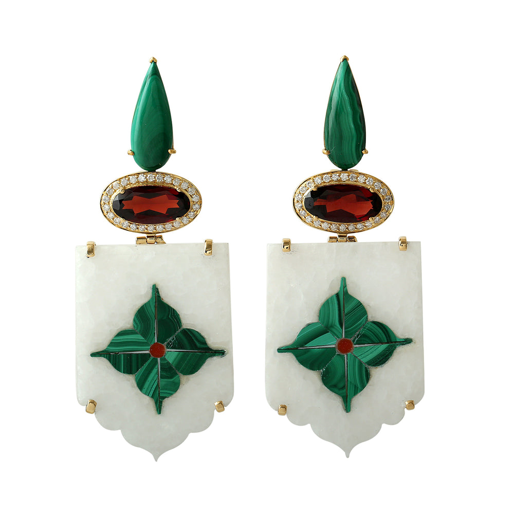 Natural Malachite Garnet Marble Beautiful Design Danglers in 18k Gold Diamond Jewlry