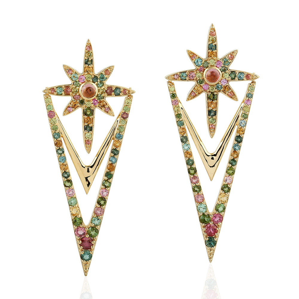 Multicolor Tourmaline Starburst Designer Danglers In 18k Yellow Gold