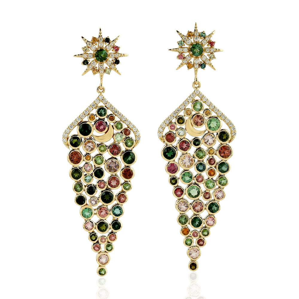 Multicolor Tourmaline Diamond Beautiful Designer Danglers in 18k Yellow Gold