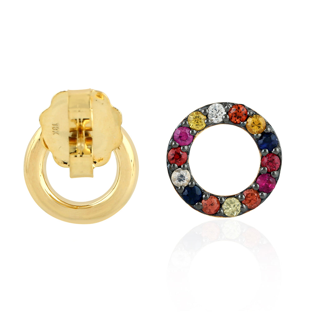 Multicolor Sapphire little Front Hoop Stud Earrings In 18k Gold