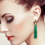 Natural Emerald Beads Tassel Dangle Earrings 18K Yellow Gold Diamond Jewelry