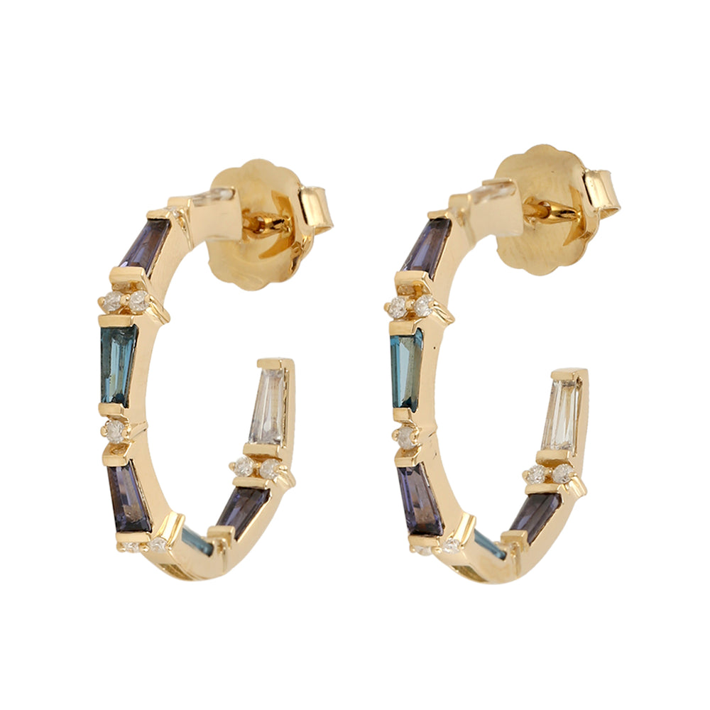 Tapered Baguette Lolite,Topaz,Moonstone & Diamond Hoop Earrings In 18k Yellow Gold