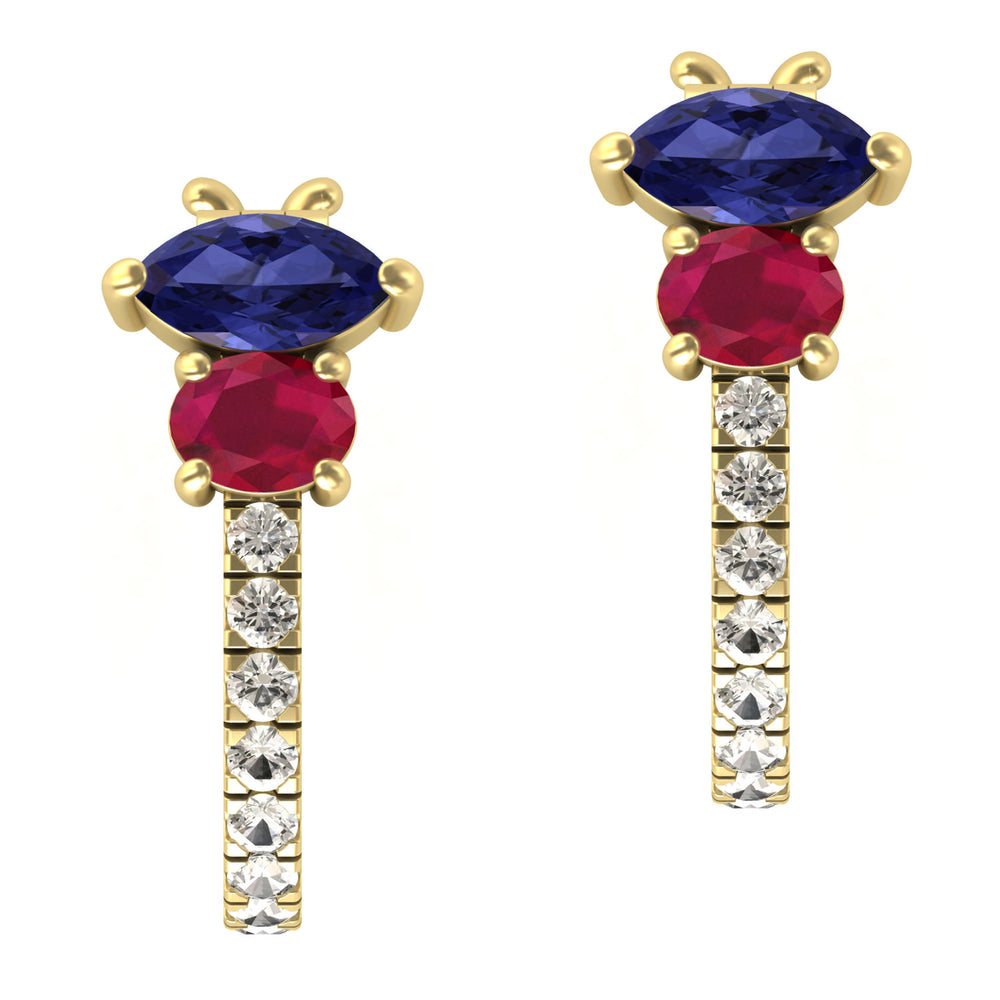 Natural Ruby Blue Sapphire Huggie Earrings 18K Yellow Gold Diamond Jewelry Gift