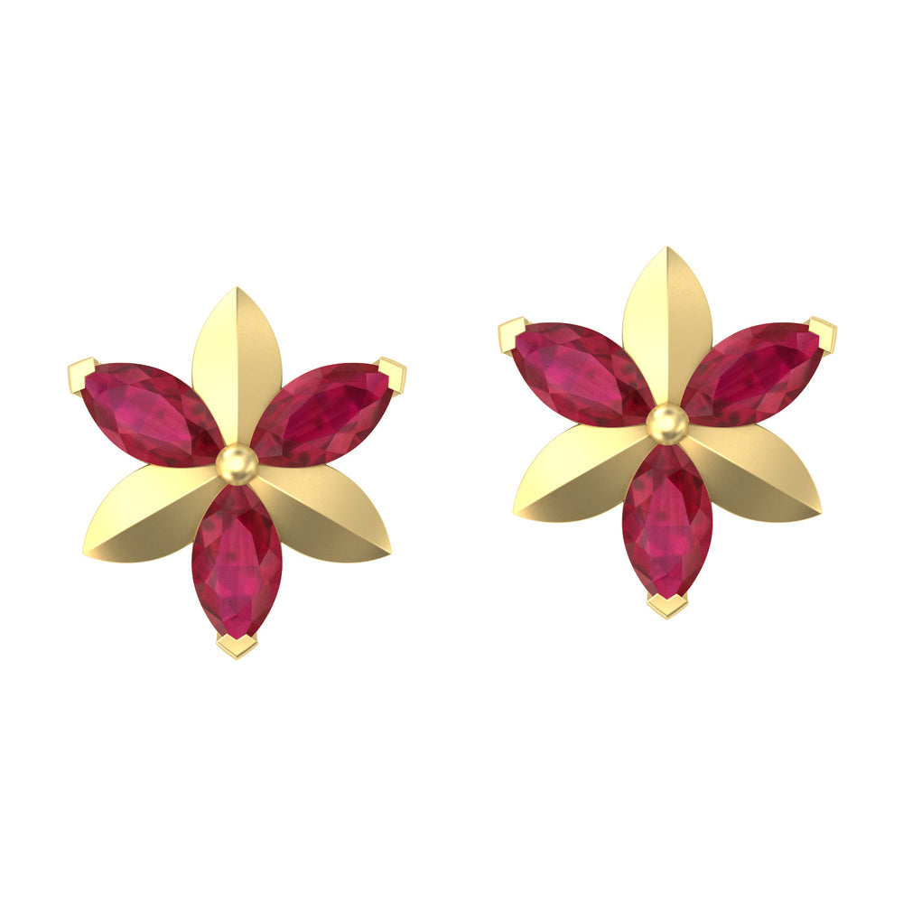 Natural Marquise Ruby Daisy Stud Earrings 18K Yellow Gold Jewelry