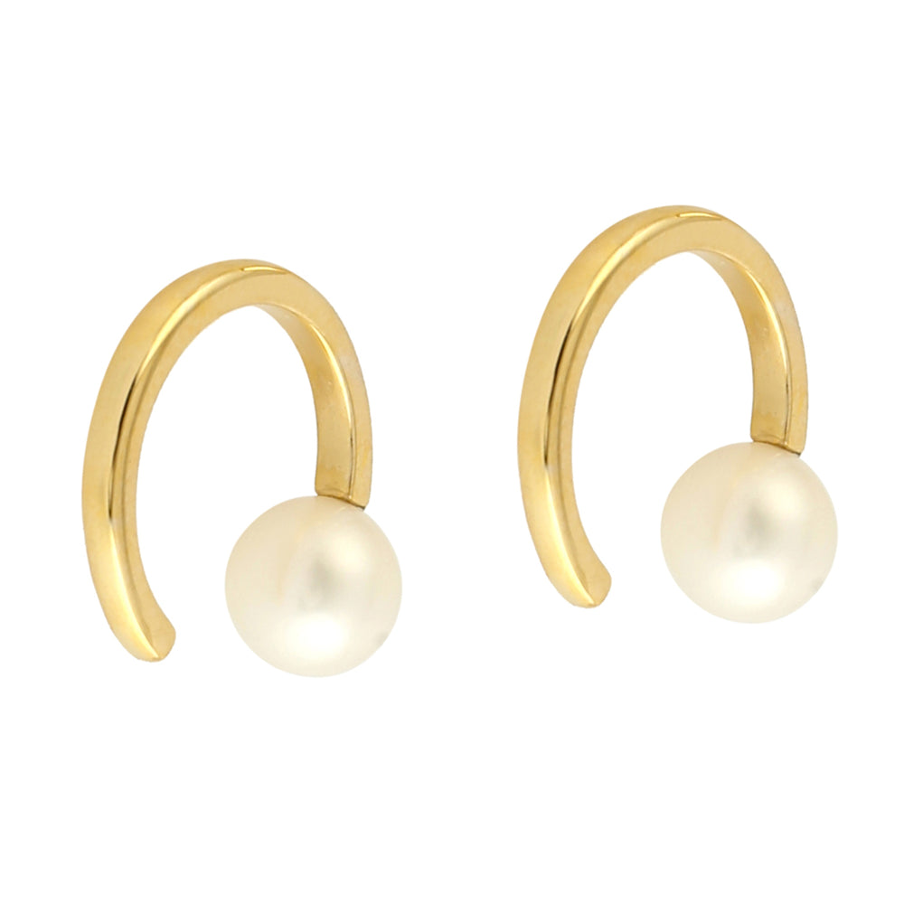 Natural Pearl June Birthstone Huggies In 14k Yellow Gold Gift For Her