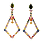 Green Tourmaline Multicolor Sapphire Danglers In 18k Yellow Gold