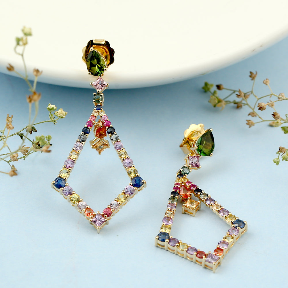 Green Tourmaline Multicolor Sapphire Danglers In 18k Yellow Gold