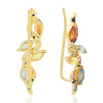 Natural Marquise Multicolor Sapphire Ear Climber 18k Yellow Gold Ear Jewelry