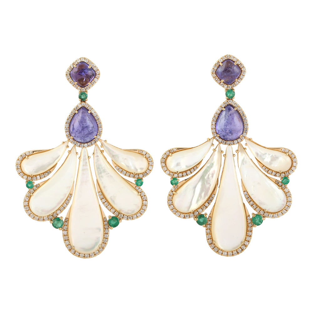 Natural Tanzanite Pave Diamond, Emerald & MOP Gemstone Leaf Design Danglers In 18k Yellow Gold