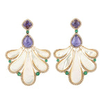 Natural Tanzanite Pave Diamond, Emerald & MOP Gemstone Leaf Design Danglers In 18k Yellow Gold