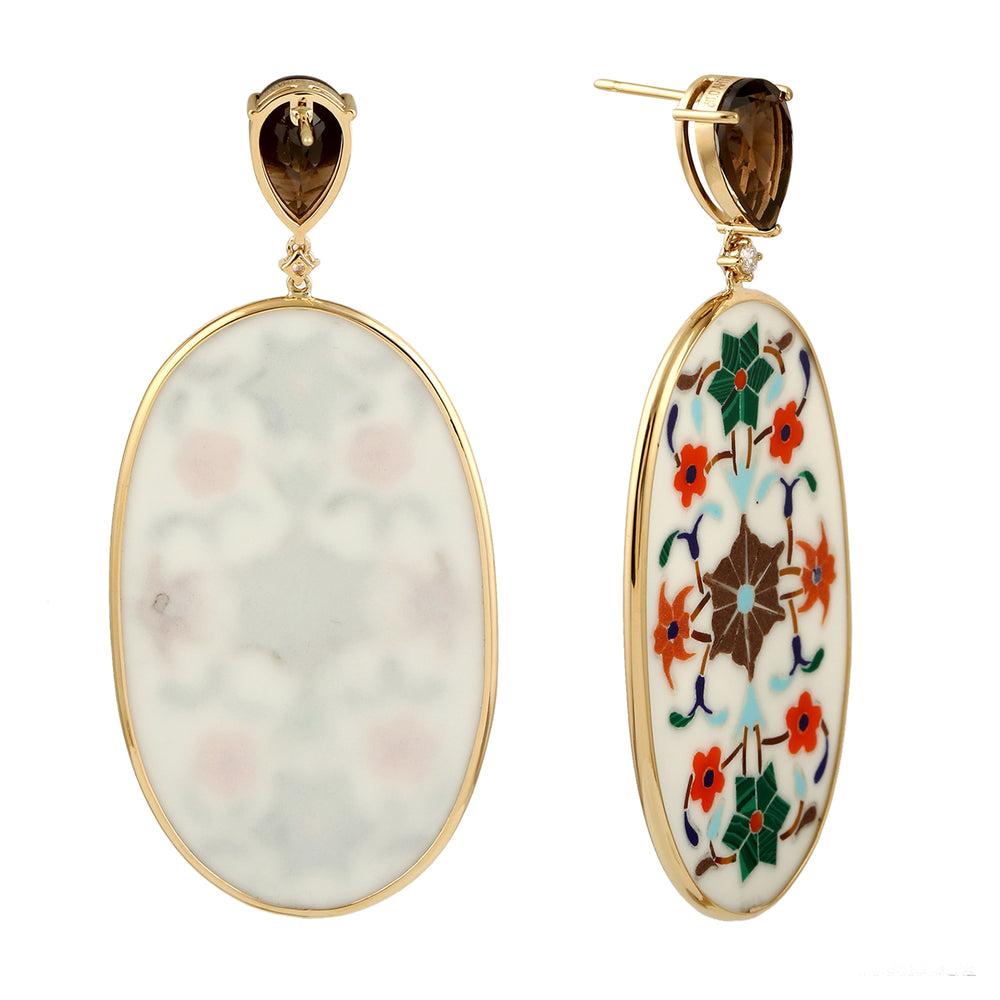 Quartz Smoky Natural Diamond 18k Yellow Gold Inlay Work Floral Danglers