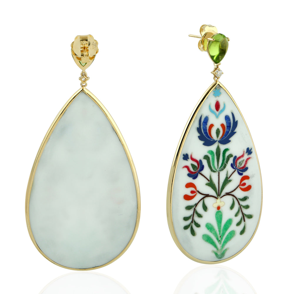 Inlay Dangle Earrings studded with Peridot Gemstone in 18K Yellow Gold