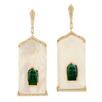 18k Yellow Gold Mother Of Pearl & Malachite Designer Dangle Earrings Jewelry