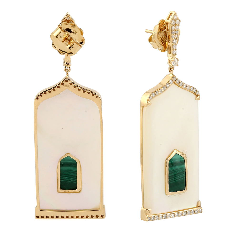 18k Yellow Gold Mother Of Pearl & Malachite Designer Dangle Earrings Jewelry