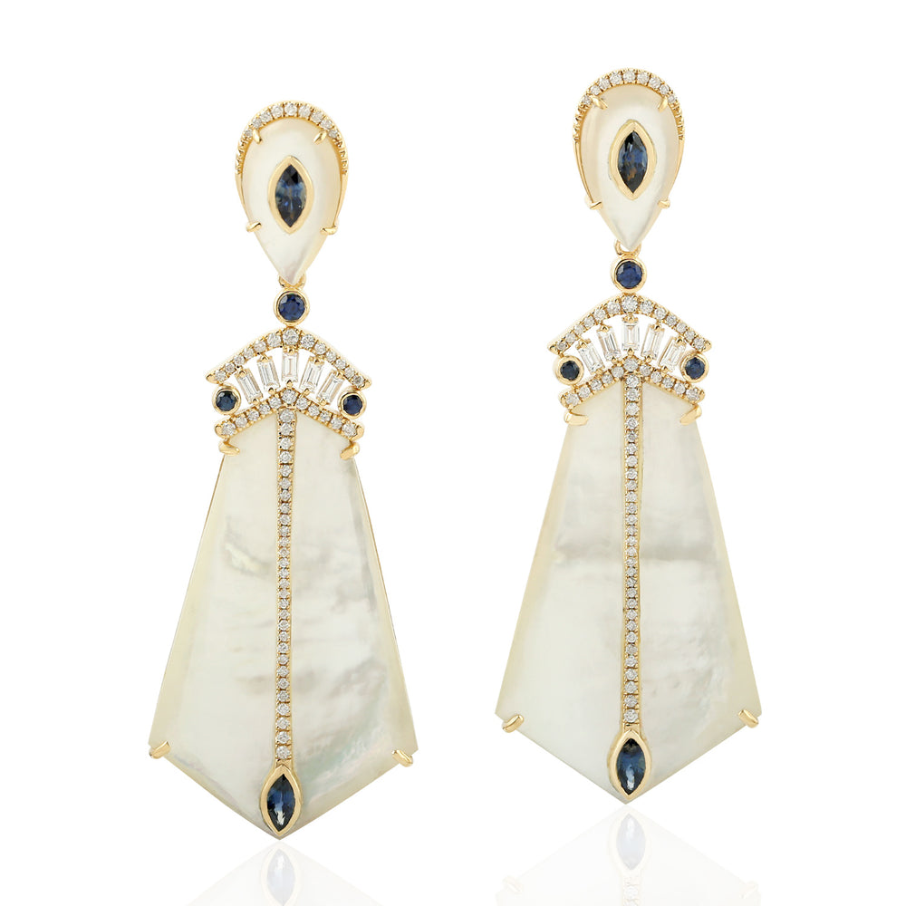 Natural Mother Of Pearl Pave Sapphire & Diamond Dangle Earrings 18k Yellow Gold Jewelry