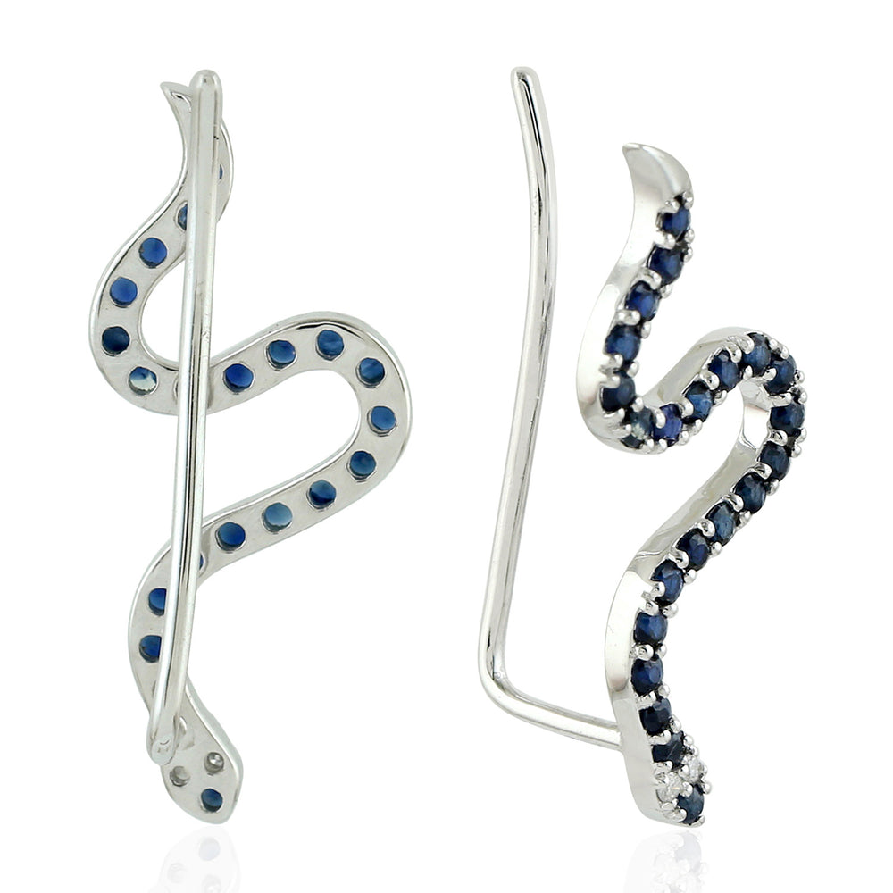Natural Blue Sapphire Diamond Snake Design Ear Climber For Gift In 18k White Gold