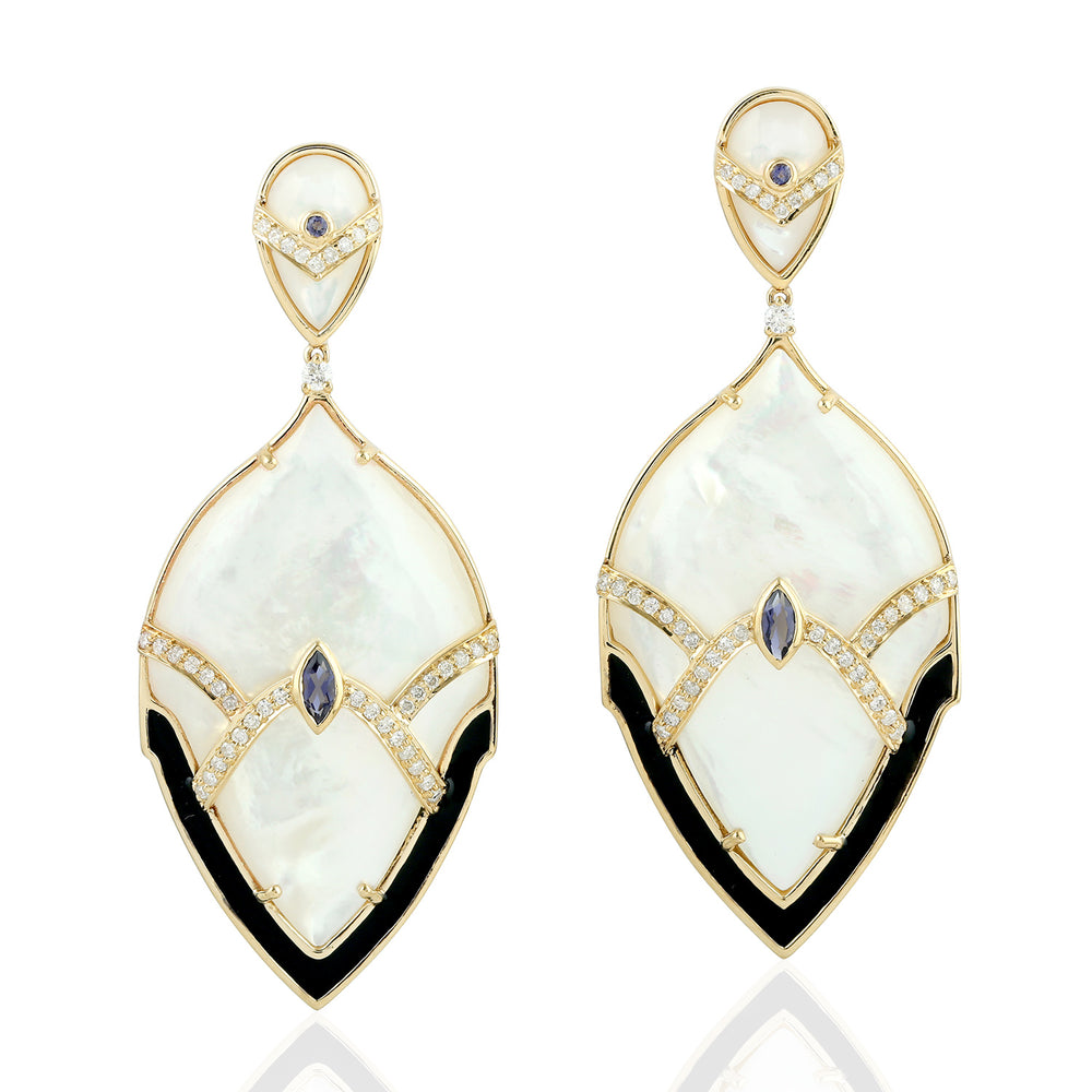 Natural Iolite Mother Of Pearl Dangle Earrings 18k Yellow Gold Jewelry