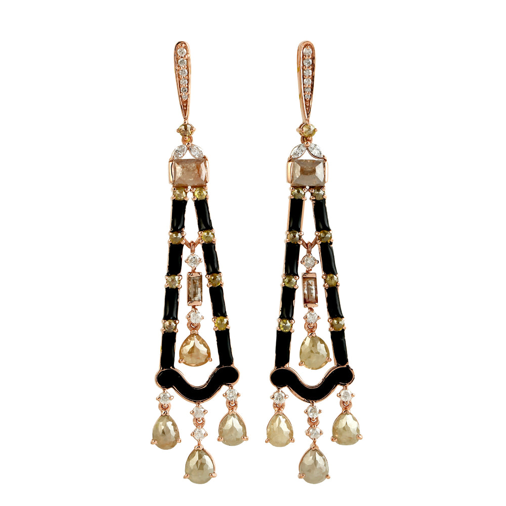 Natural Diamond Enamel Chandelier 18k Rose Gold Earrings