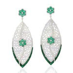 Carved Jade Emerald Pave Diamond Floral Drop Danglers In 18k White Gold For Her