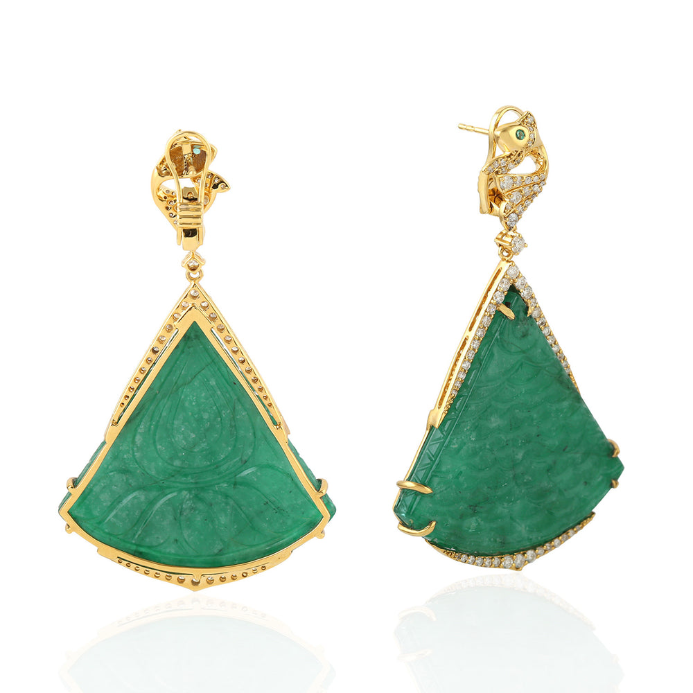 18k Yellow Gold Carving Emerald Pave Daimond Fish Dangle Earrings Handmade Jewelry