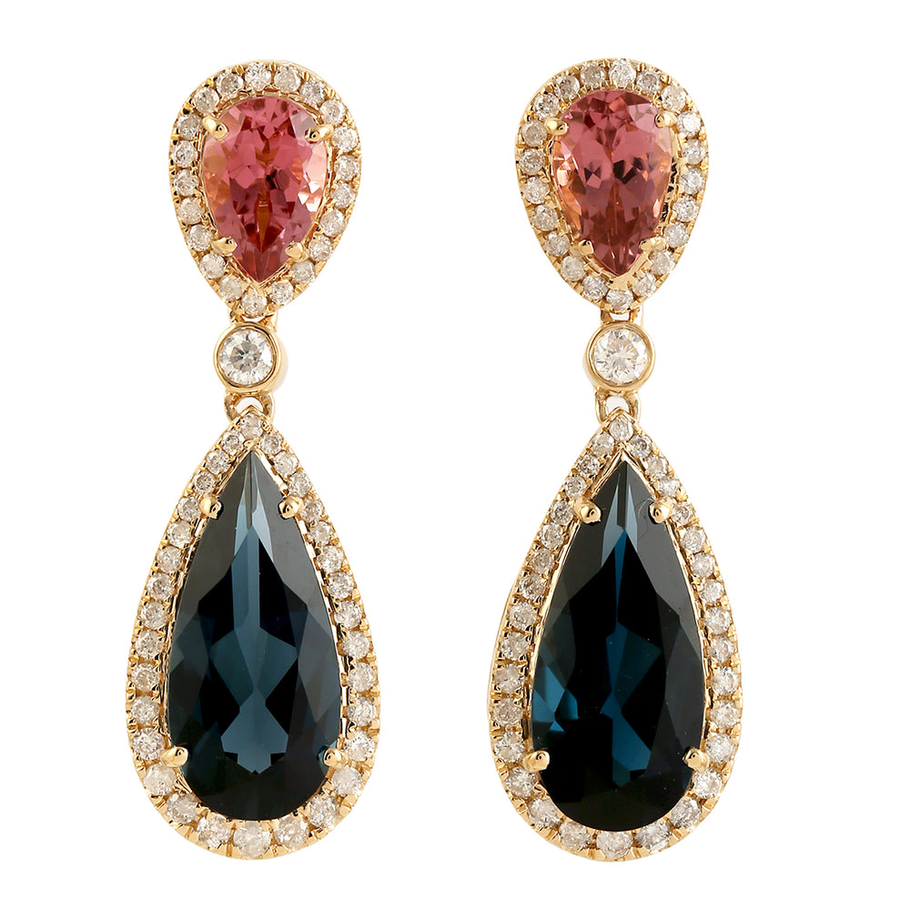 Natural Multicolor Tourmaline, Topaz & Diamond Tear Drop Drop Dangle Earrings In 18k Yellow Gold